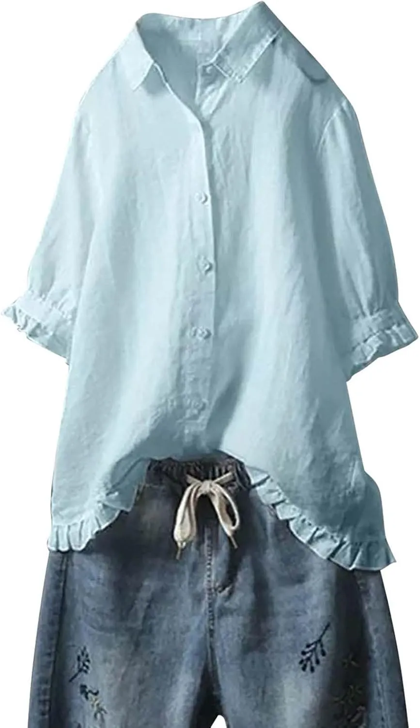Cotton Linen Tops for Women Plus Size 3/4 Sleeve Shirt Boho Loose fit Tunic Loose Fit Summer Work Oversized Blouse