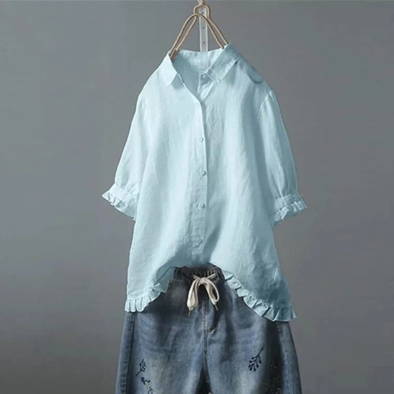 Cotton Linen Tops for Women Plus Size 3/4 Sleeve Shirt Boho Loose fit Tunic Loose Fit Summer Work Oversized Blouse