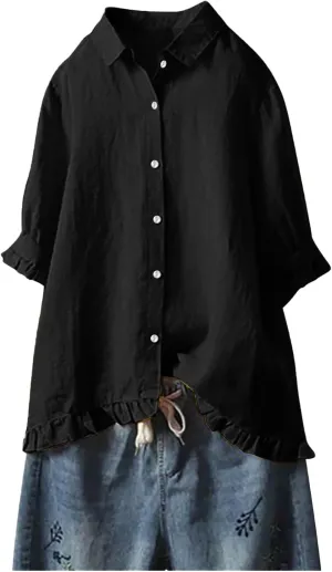 Cotton Linen Tops for Women Plus Size 3/4 Sleeve Shirt Boho Loose fit Tunic Loose Fit Summer Work Oversized Blouse