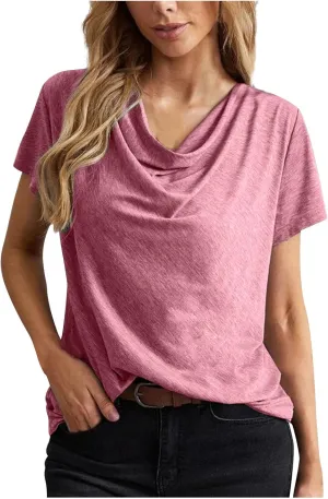 Cowl Neck Short Sleeve Tops for Women Dressy Casual Business Shirts Business Work Office Tshirts Regular fit Cute Tees