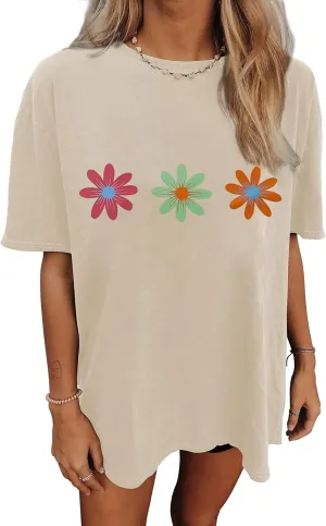CSDAJIO Women's Casual Summer Boho Floral Print Wildflowers Graphic Tee Short Sleeve Oversized T Shirt
