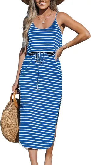 CUPSHE Women's Midi Dress Scoop Neck Ruffled Sleeveless Slit Drawstring Spaghetti Straps A Line Casual Dress