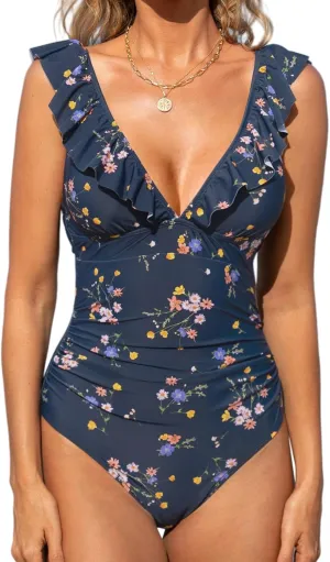 CUPSHE Women's Ruffled One Piece Swimsuit V Neck Lace Up