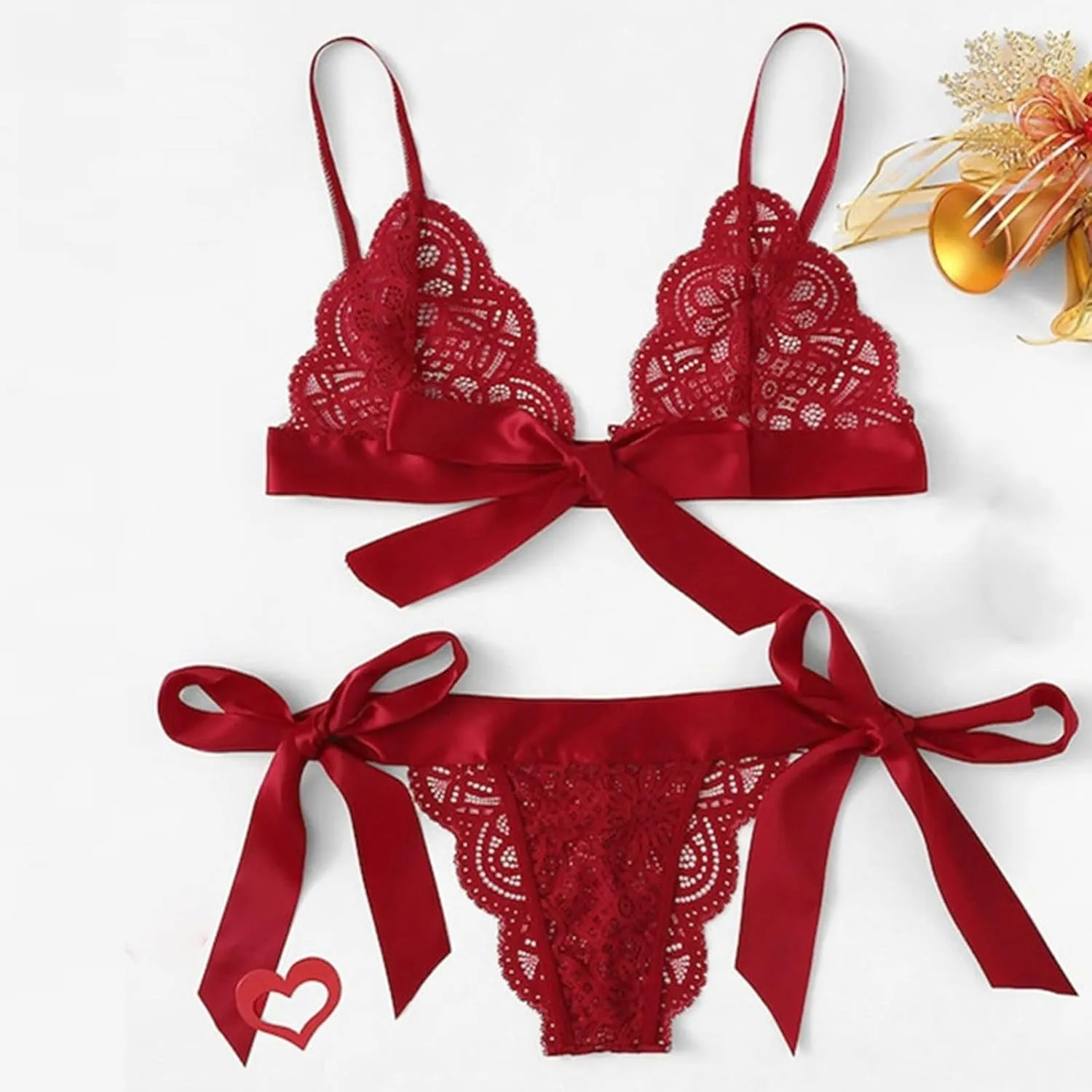 Cute Lingerie 2 Pieces Set Triangle Bralette Lace See Through Babydoll Bow Lingerie for Women Teddy Lingerie