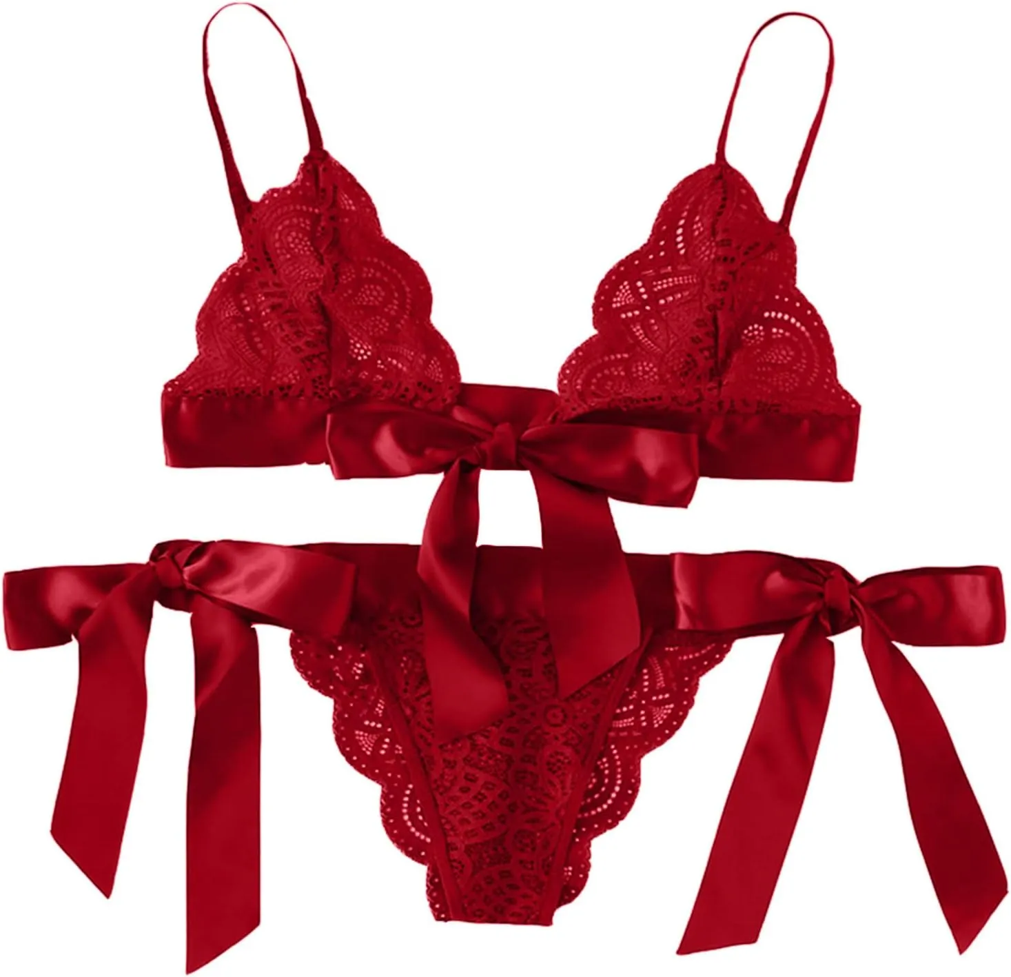 Cute Lingerie 2 Pieces Set Triangle Bralette Lace See Through Babydoll Bow Lingerie for Women Teddy Lingerie