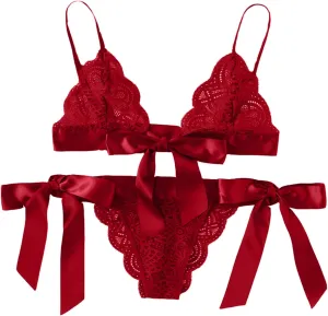 Cute Lingerie 2 Pieces Set Triangle Bralette Lace See Through Babydoll Bow Lingerie for Women Teddy Lingerie