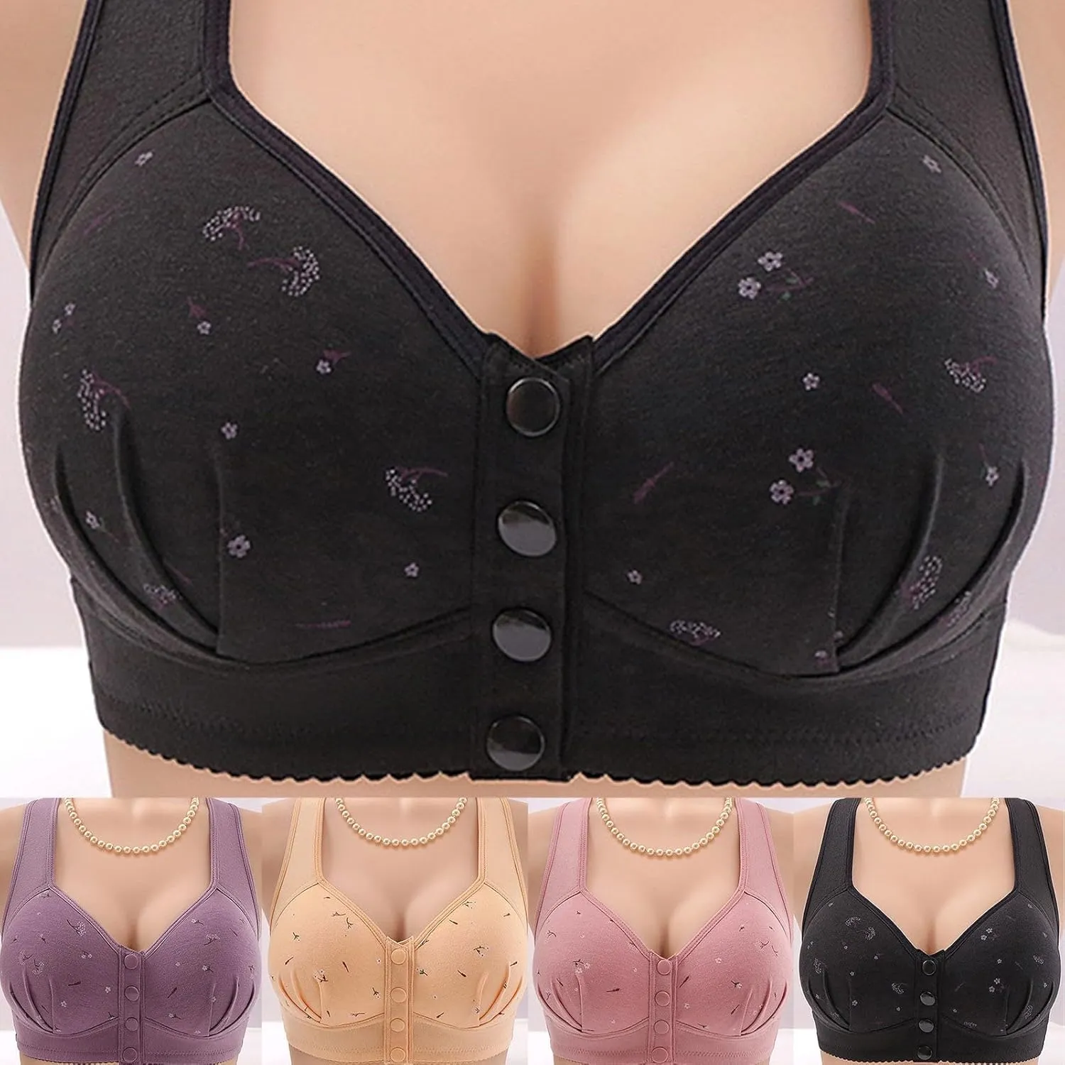 Daisy Bras for Older Women Front Closure Bra Cotton Bra Full Coverage Comfortable Bra No Underwire Plus Size Bra