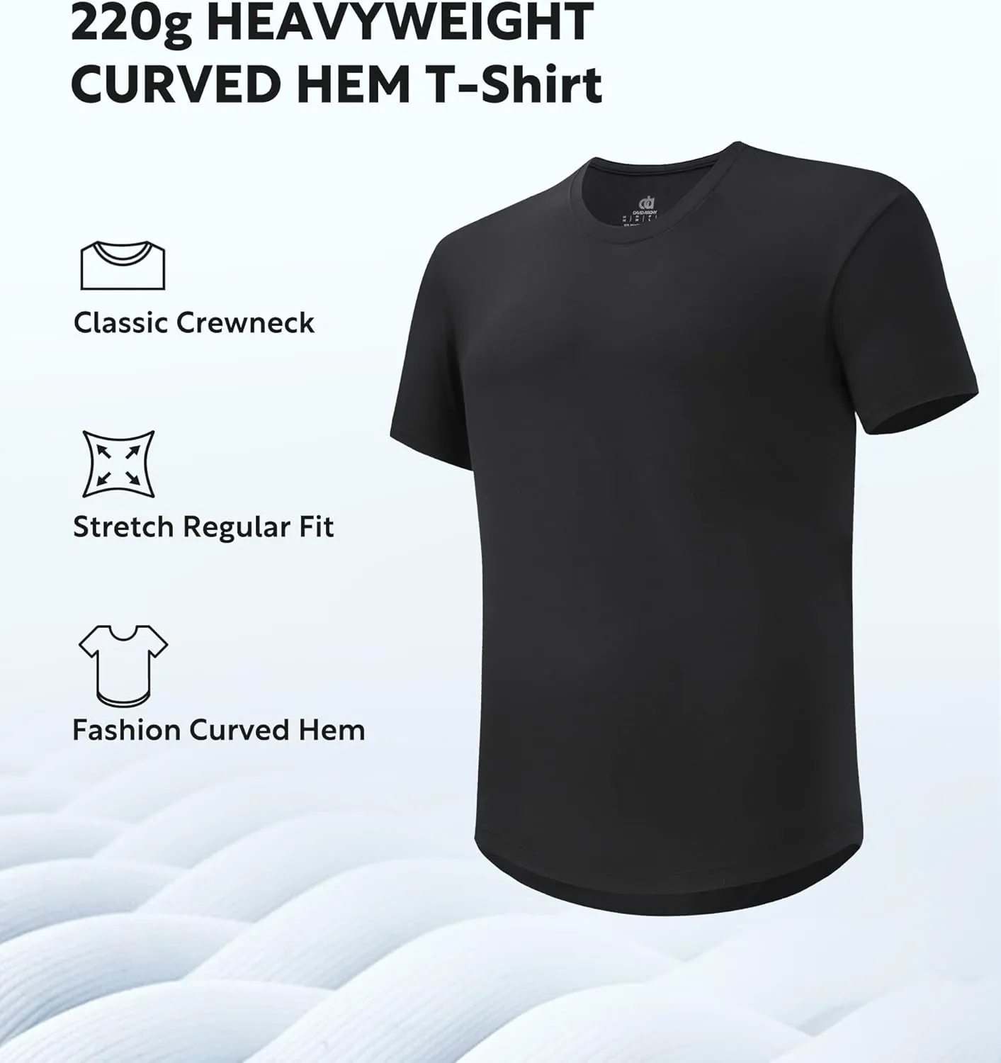 DAVID ARCHY Men's T-Shirt Heavyweight Tees Cotton Sorona Casual Plain Shirts Side Slit/Curved Hem Tees for Men 2-Pack
