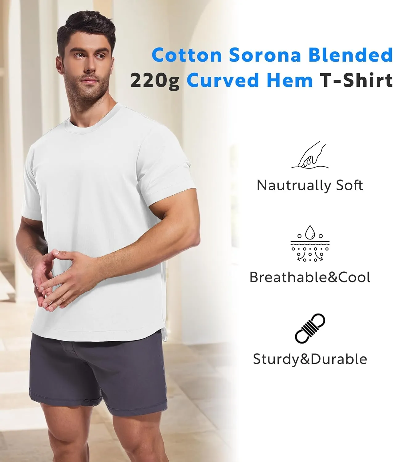 DAVID ARCHY Men's T-Shirt Heavyweight Tees Cotton Sorona Casual Plain Shirts Side Slit/Curved Hem Tees for Men 2-Pack