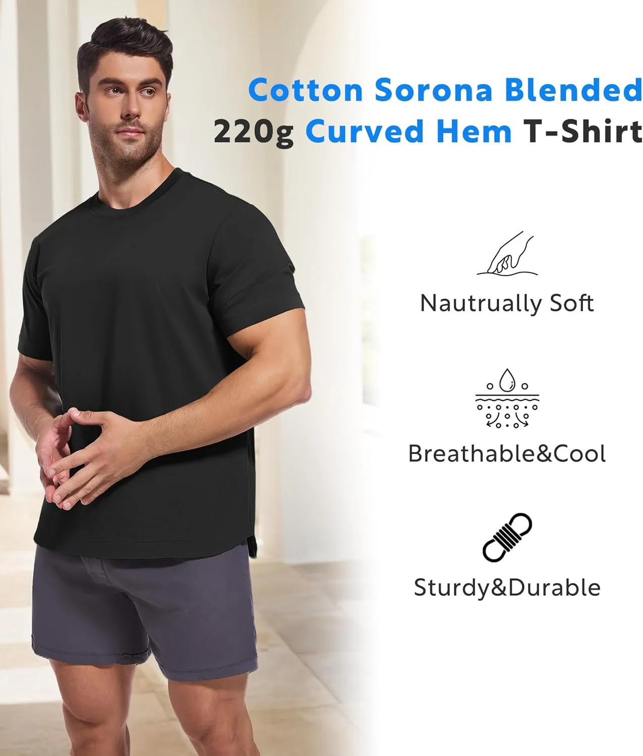 DAVID ARCHY Men's T-Shirt Heavyweight Tees Cotton Sorona Casual Plain Shirts Side Slit/Curved Hem Tees for Men 2-Pack