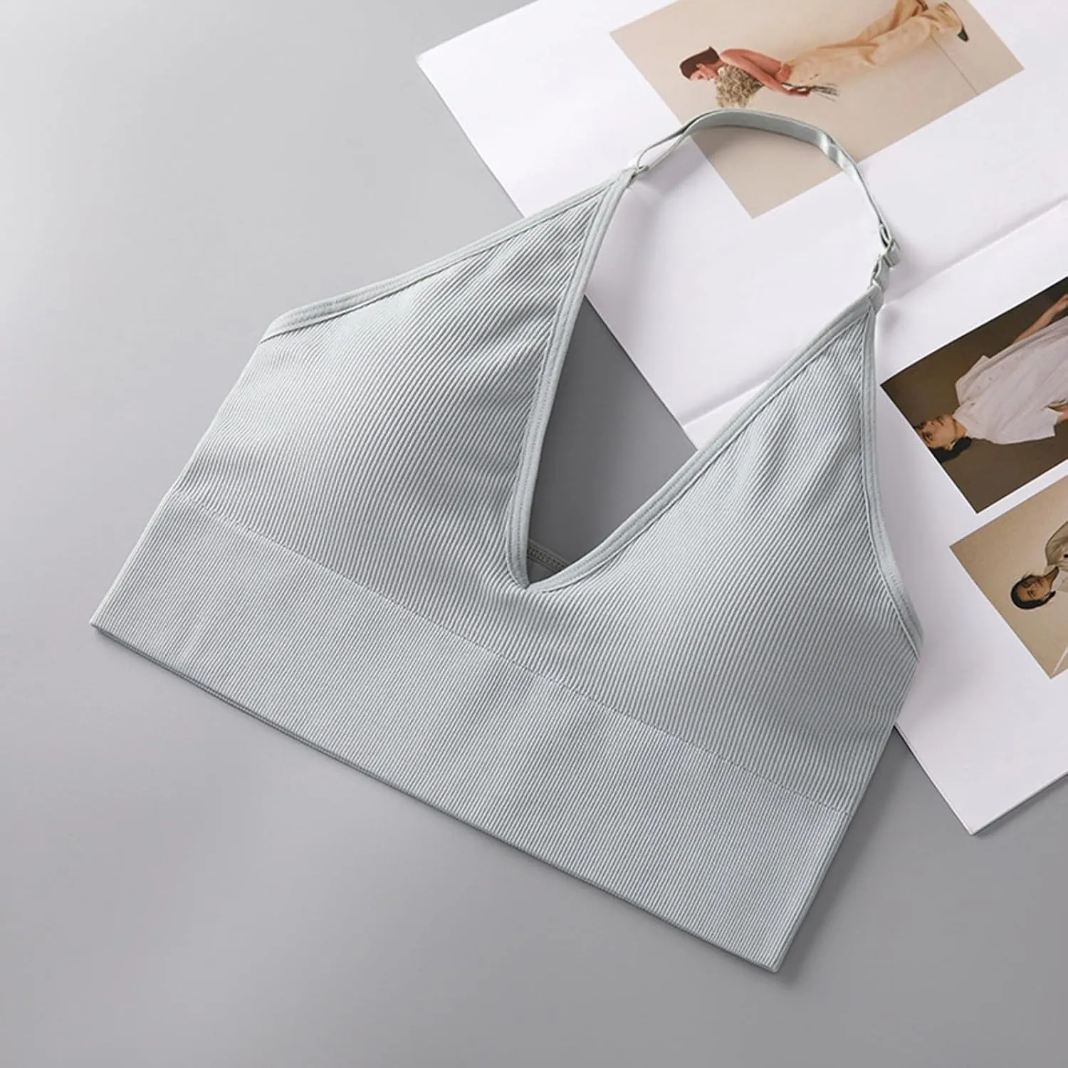 Deep Plunge Ribbed Tank Top Pack for Woman V Neck Seamless Raceback Sexy Sleeveless Crop Top Halter Yoga Bra