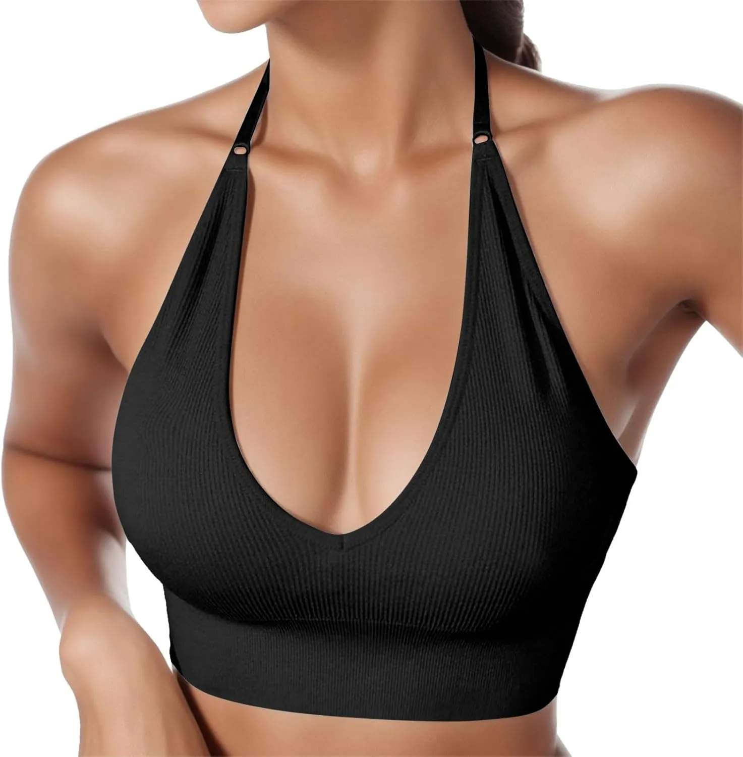 Deep Plunge Ribbed Tank Top Pack for Woman V Neck Seamless Raceback Sexy Sleeveless Crop Top Halter Yoga Bra