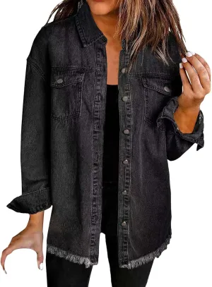 Denim Jackets for Women Trendy Long Sleeve Button Down Shirt Jacket Jean Shacket Pocket Western Work Jacket Oversized