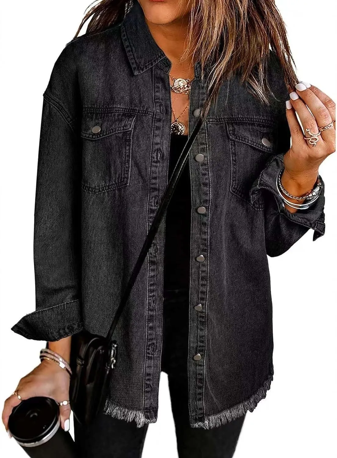 Denim Jackets for Women Trendy Long Sleeve Button Down Shirt Jacket Jean Shacket Pocket Western Work Jacket Oversized