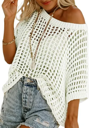 Dokotoo Womens Summer Scoop Neck Short Sleeve Sweater Casual Crochet Hollow Out Knit Tops Pullover Shirts Beach Coverup