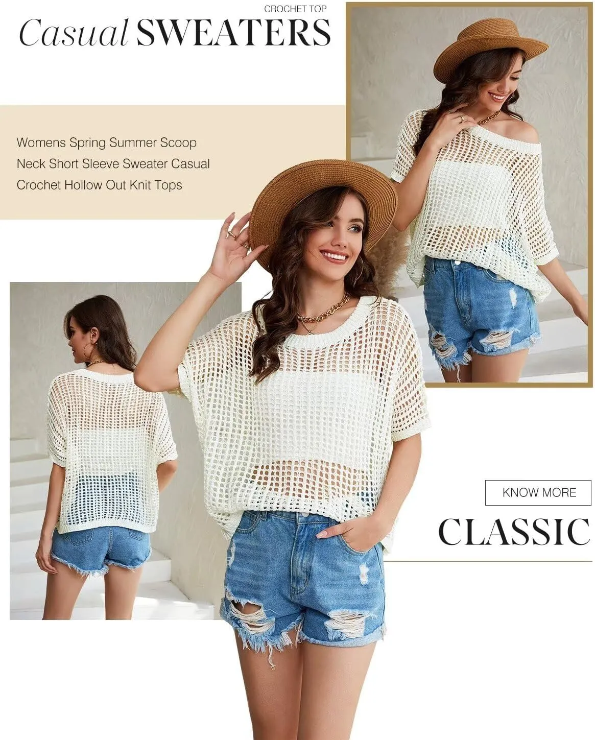 Dokotoo Womens Summer Scoop Neck Short Sleeve Sweater Casual Crochet Hollow Out Knit Tops Pullover Shirts Beach Coverup