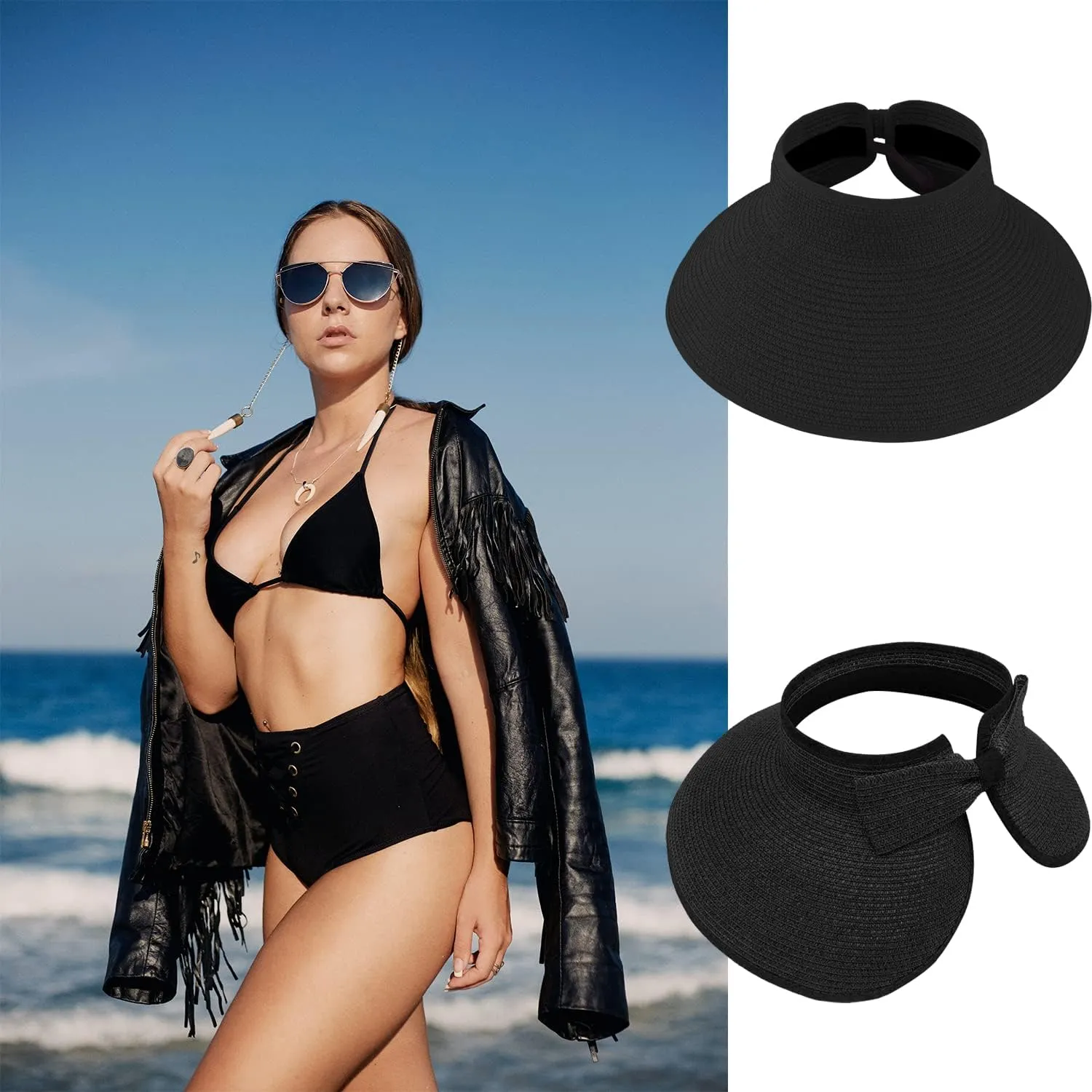 DOOVID Womens Summer Straw Hats Wide Brim Sun Hat UV Protection Visor Foldable Beach Hat for Women