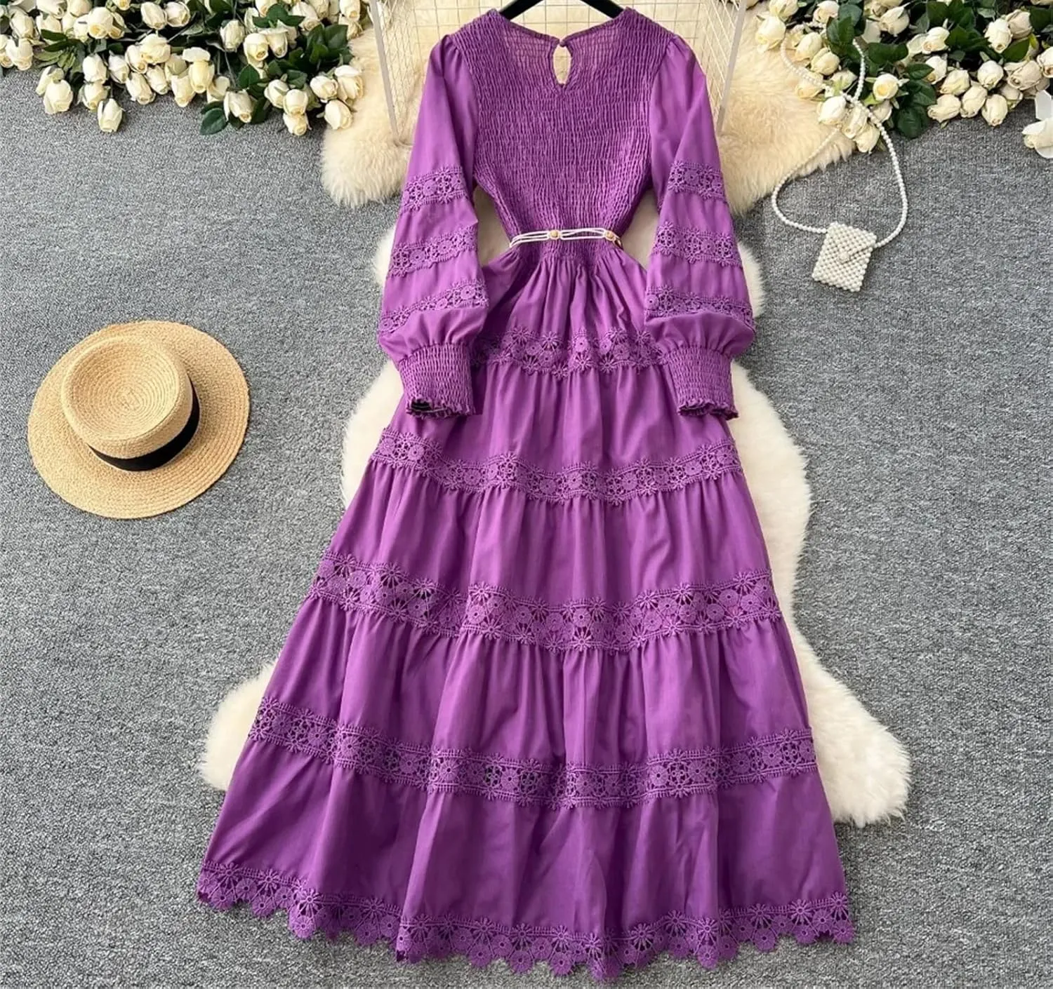 Elegant Women Hollow Out Lace O-Neck Vintage Long Sleeves Lace-Up Slim Long Dresses