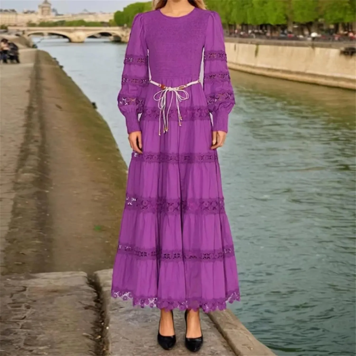 Elegant Women Hollow Out Lace O-Neck Vintage Long Sleeves Lace-Up Slim Long Dresses