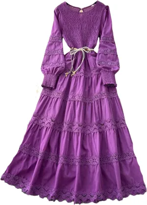 Elegant Women Hollow Out Lace O-Neck Vintage Long Sleeves Lace-Up Slim Long Dresses