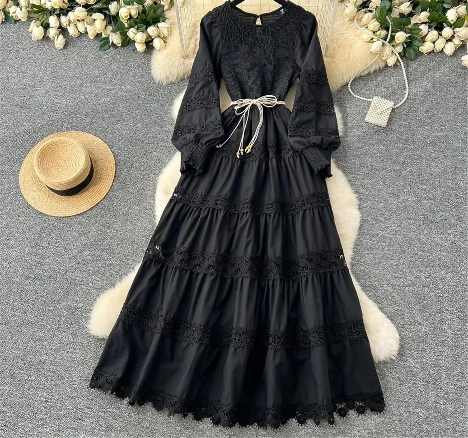 Elegant Women Hollow Out Lace O-Neck Vintage Long Sleeves Lace-Up Slim Long Dresses