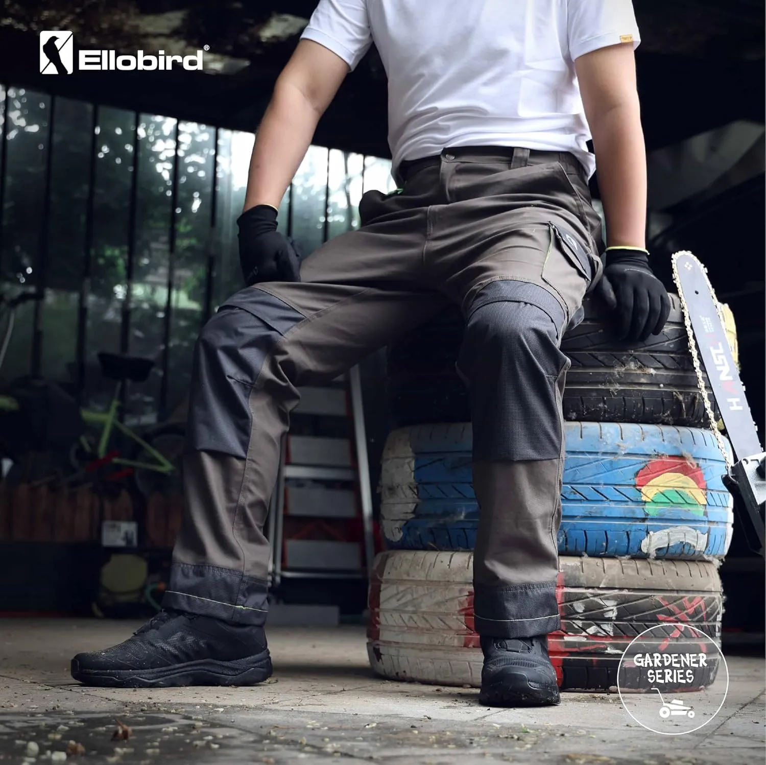 Ellobird Men's Cargo Construction Flex Work Pant for Men Double Knee Reinforcement Stretch Elastic Waistband Tactical Pants