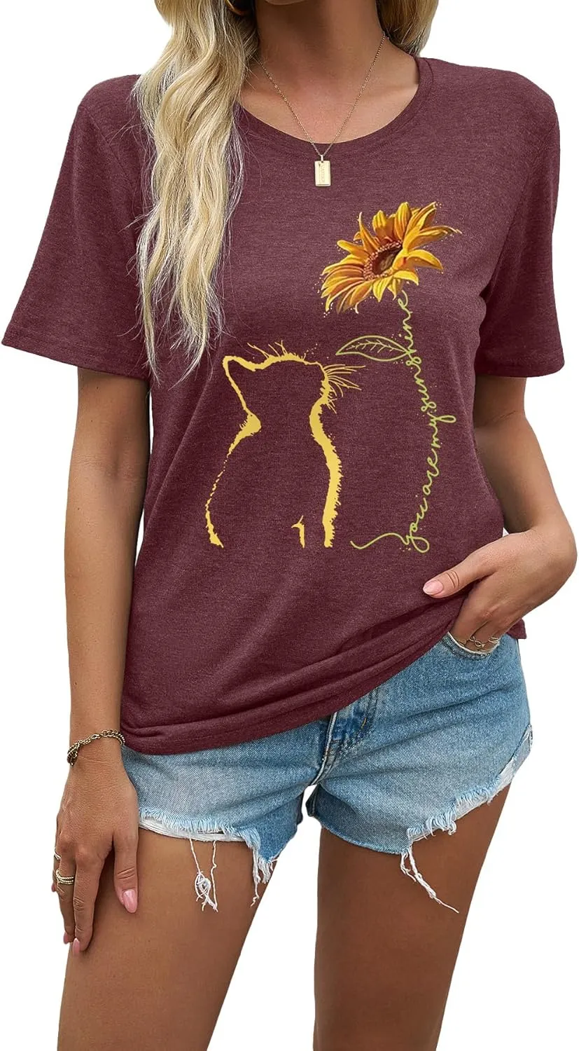 EUOW Women's Sunflower Graphic Shirts Boho Flowers Tee Tops Cute Summer Vintage Short Sleeve Holiday T Shirt