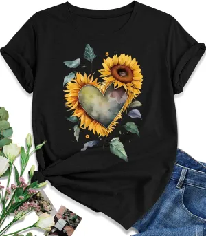 EUOW Women's Sunflower Graphic Shirts Boho Flowers Tee Tops Cute Summer Vintage Short Sleeve Holiday T Shirt
