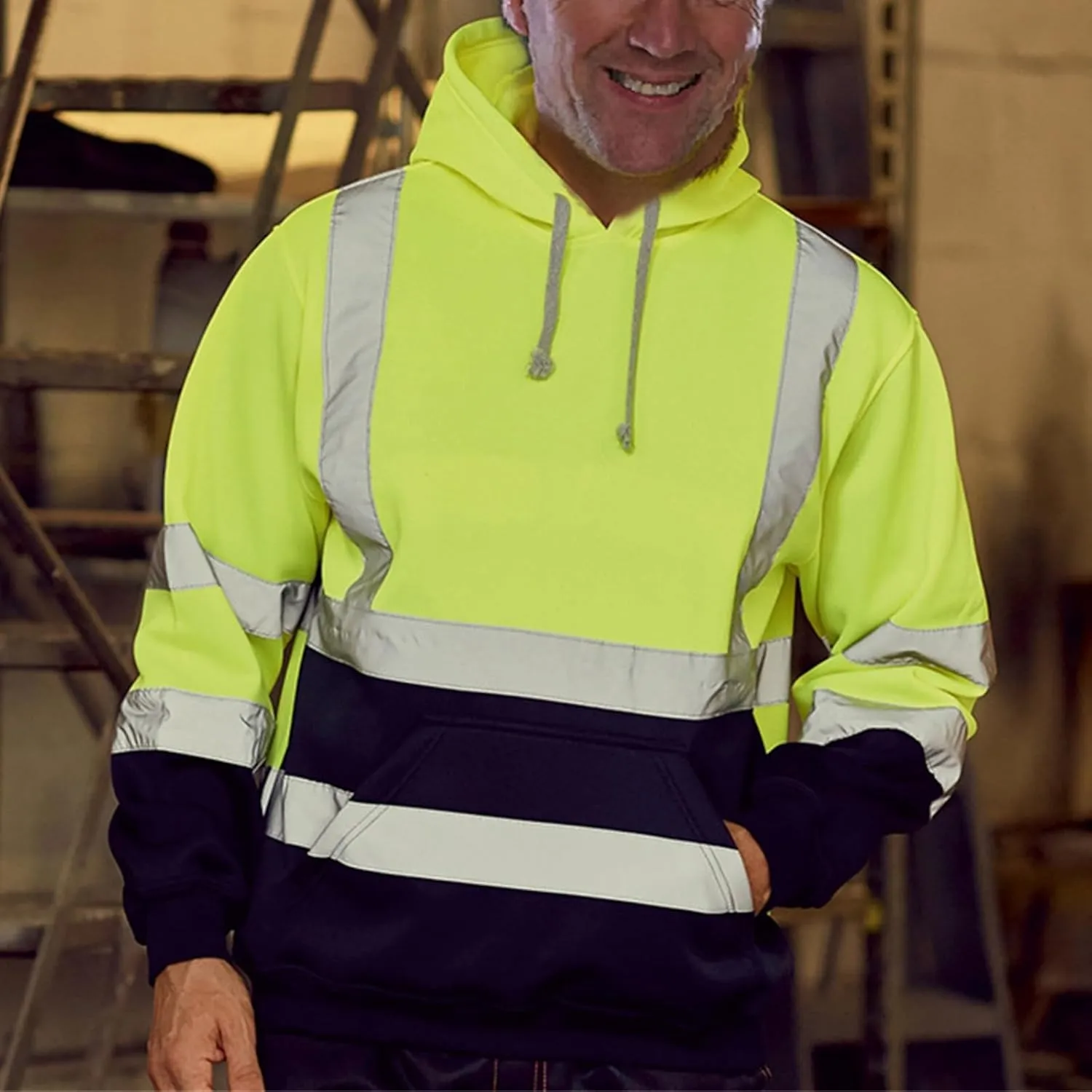 evzosrz High Visibility Safety Sweatshirt Jackets for Men Class 3 Reflective Safety Hoodies Hi Vis Zip Hooded Pullover