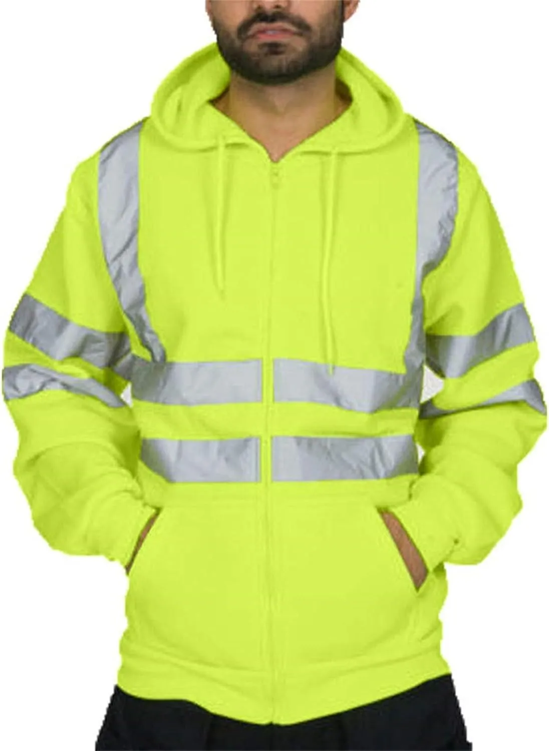 evzosrz High Visibility Safety Sweatshirt Jackets for Men Class 3 Reflective Safety Hoodies Hi Vis Zip Hooded Pullover