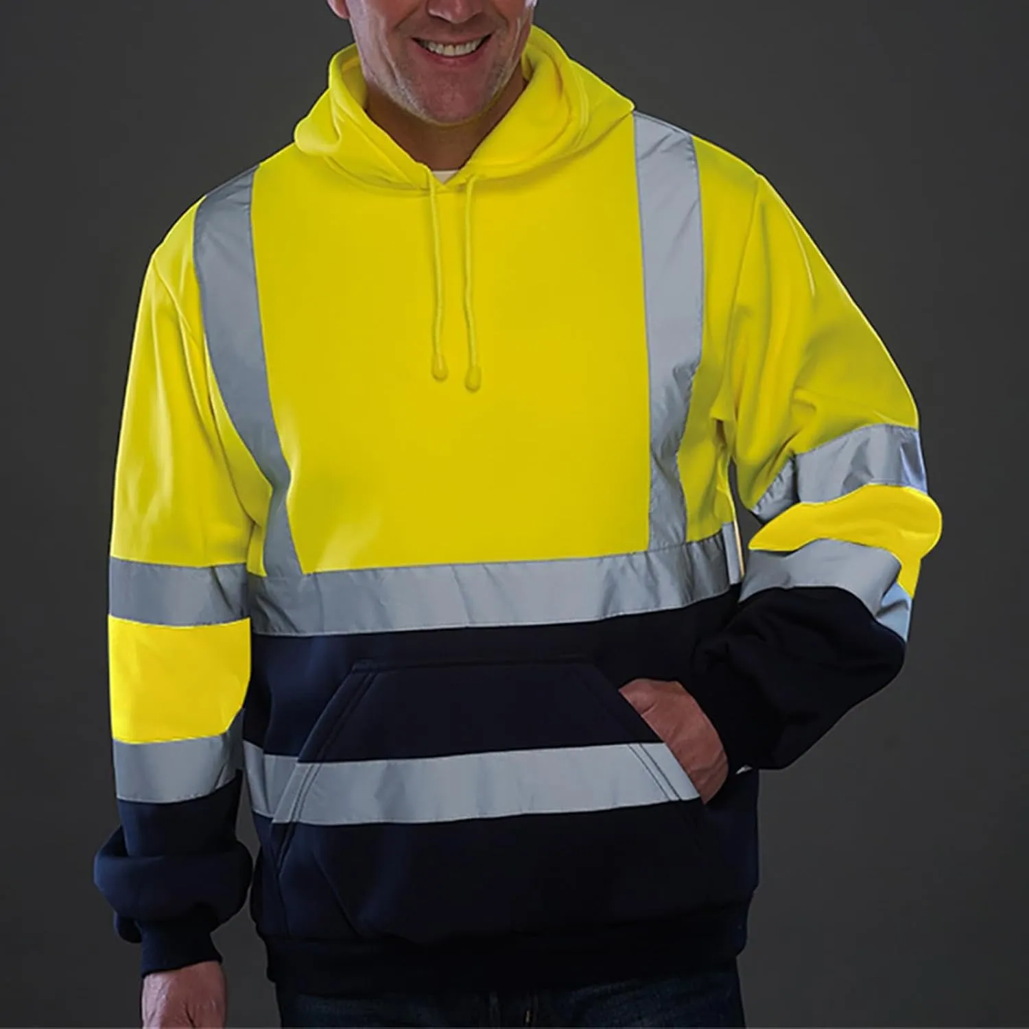 evzosrz High Visibility Safety Sweatshirt Jackets for Men Class 3 Reflective Safety Hoodies Hi Vis Zip Hooded Pullover