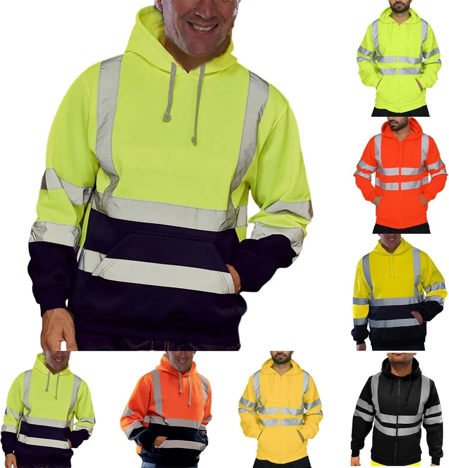evzosrz High Visibility Safety Sweatshirt Jackets for Men Class 3 Reflective Safety Hoodies Hi Vis Zip Hooded Pullover
