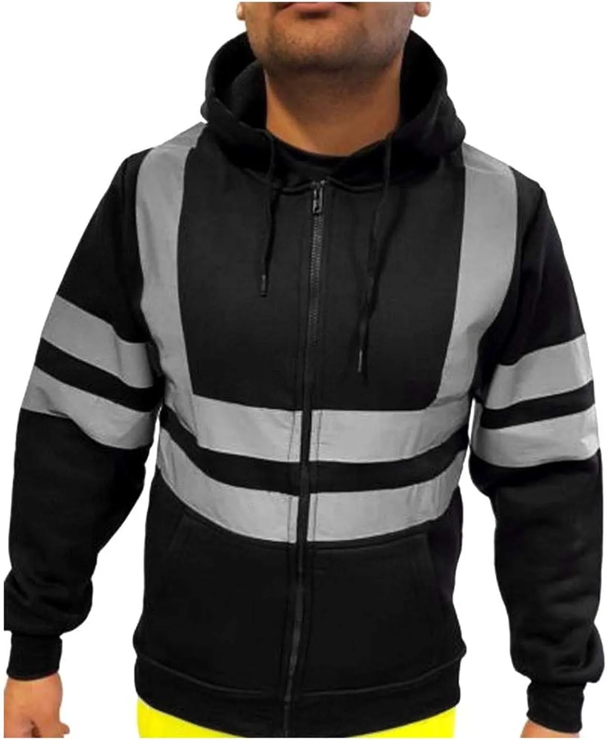 evzosrz High Visibility Safety Sweatshirt Jackets for Men Class 3 Reflective Safety Hoodies Hi Vis Zip Hooded Pullover