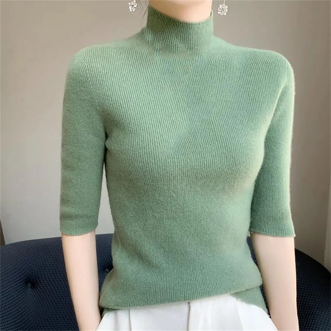 Fashion Cashmere Women Sweater Mock Neck Short Sleeve Cashmere Sweater Short Sleeve Women