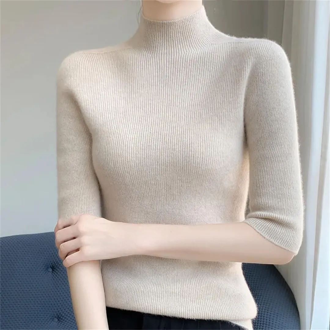 Fashion Cashmere Women Sweater Mock Neck Short Sleeve Cashmere Sweater Short Sleeve Women