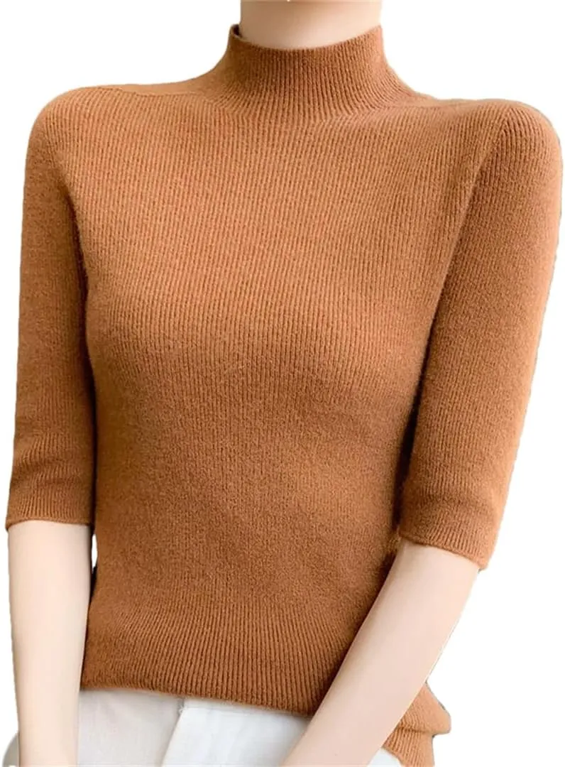 Fashion Cashmere Women Sweater Mock Neck Short Sleeve Cashmere Sweater Short Sleeve Women