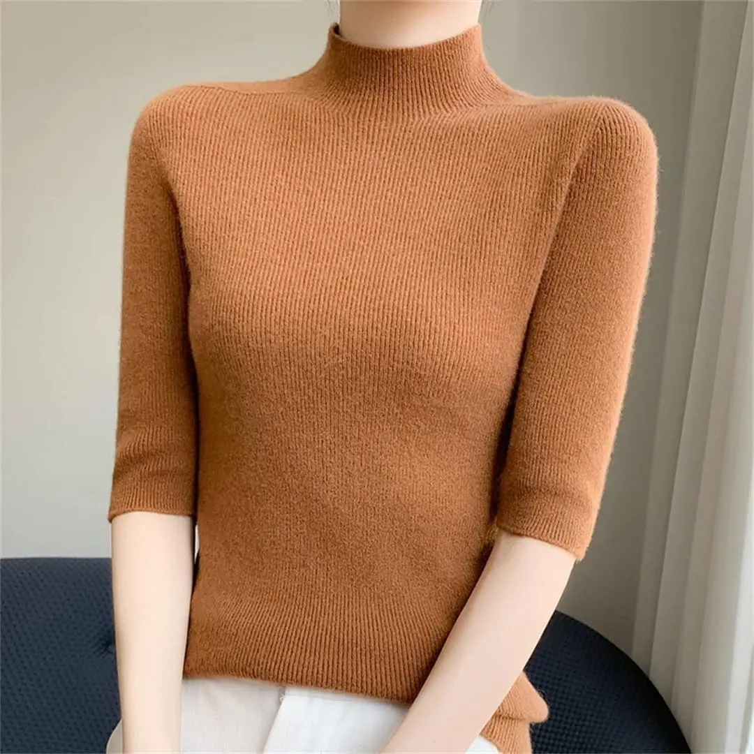 Fashion Cashmere Women Sweater Mock Neck Short Sleeve Cashmere Sweater Short Sleeve Women
