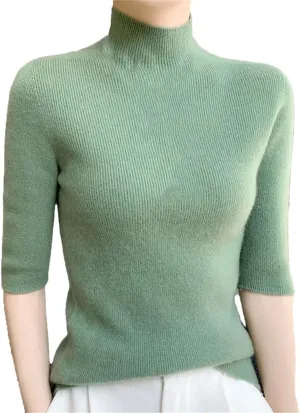 Fashion Cashmere Women Sweater Mock Neck Short Sleeve Cashmere Sweater Short Sleeve Women