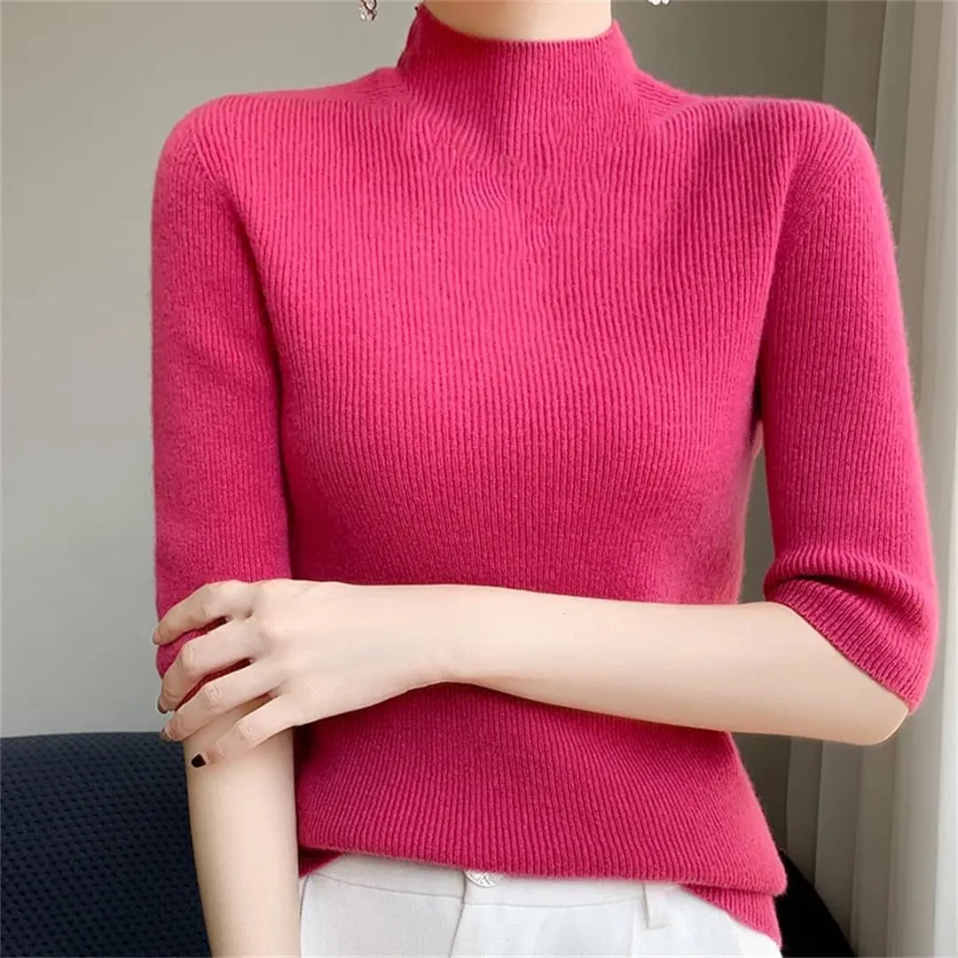 Fashion Cashmere Women Sweater Mock Neck Short Sleeve Cashmere Sweater Short Sleeve Women