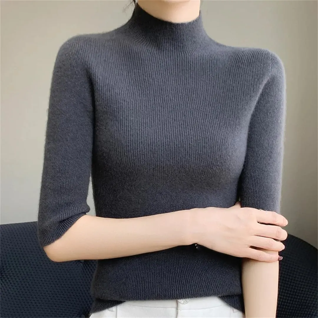 Fashion Cashmere Women Sweater Mock Neck Short Sleeve Cashmere Sweater Short Sleeve Women