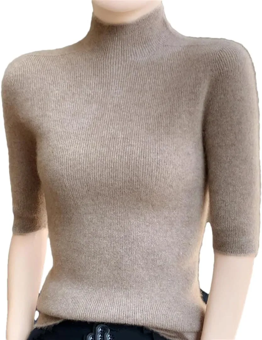 Fashion Cashmere Women Sweater Mock Neck Short Sleeve Cashmere Sweater Short Sleeve Women