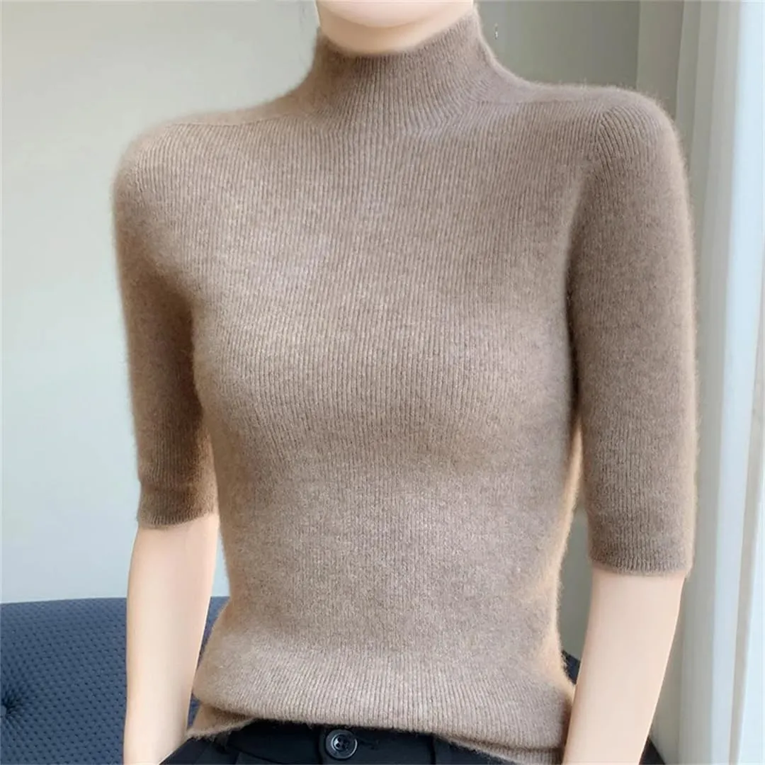 Fashion Cashmere Women Sweater Mock Neck Short Sleeve Cashmere Sweater Short Sleeve Women