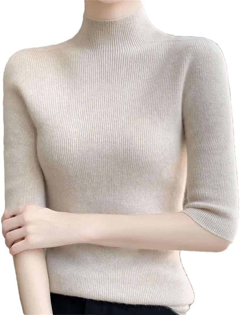 Fashion Cashmere Women Sweater Mock Neck Short Sleeve Cashmere Sweater Short Sleeve Women