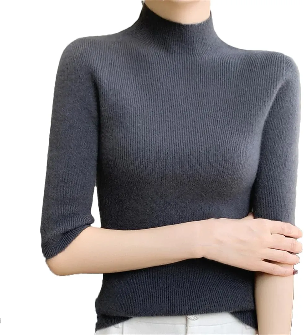 Fashion Cashmere Women Sweater Mock Neck Short Sleeve Cashmere Sweater Short Sleeve Women