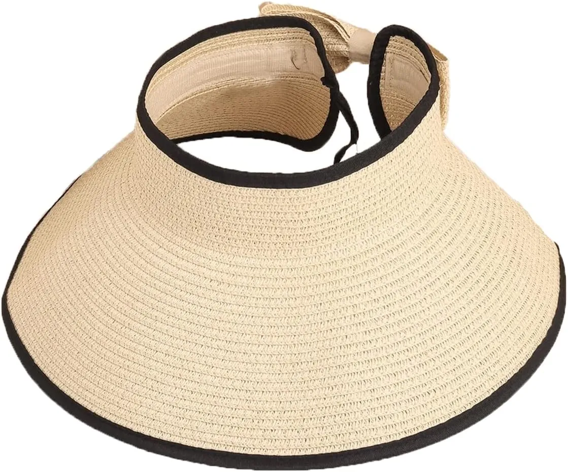 Fashion Culture Women's Packable Wide Brim Straw Sun Visor Bow Applique, Natural/Black