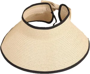 Fashion Culture Women's Packable Wide Brim Straw Sun Visor Bow Applique, Natural/Black