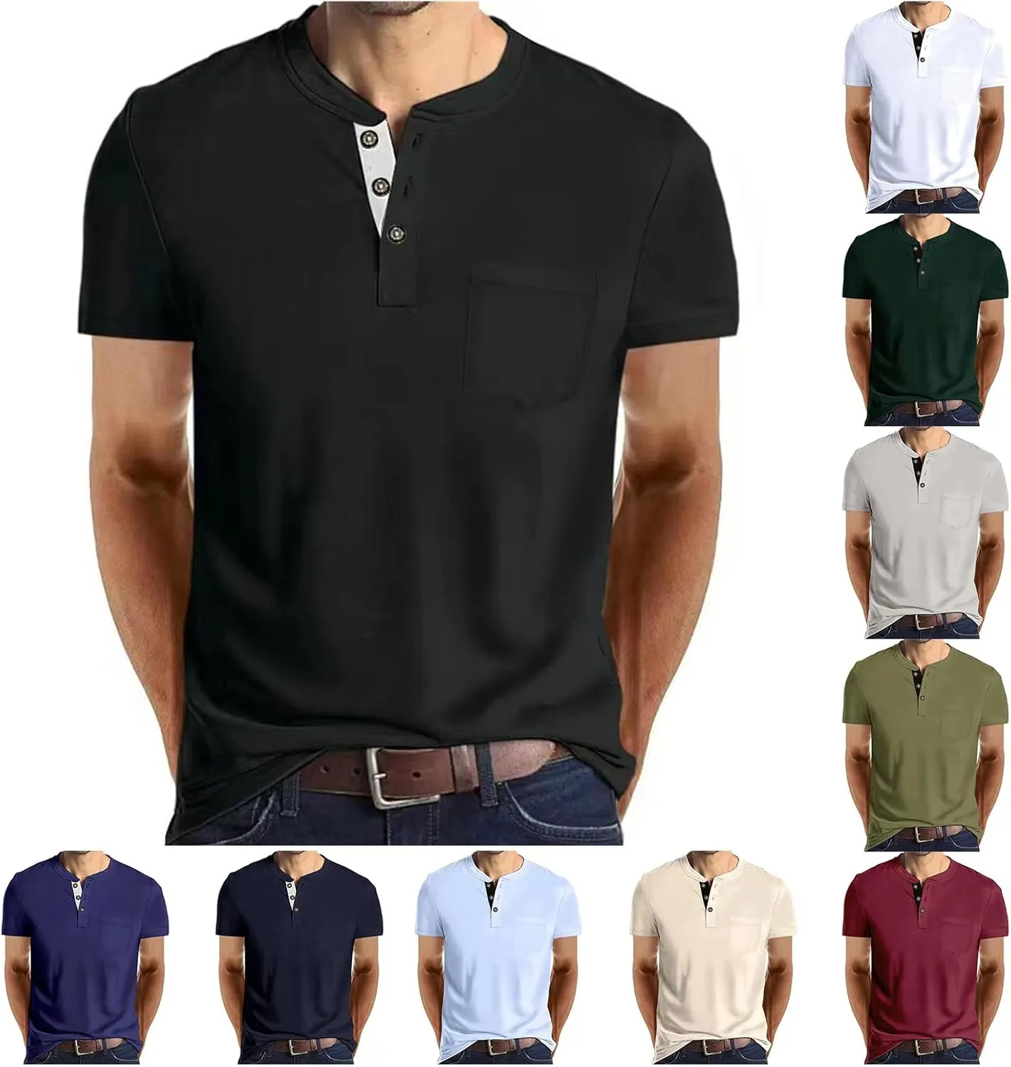 Fashion Short Sleeve Henley Shirts for Mens Crewneck Button T-Shirt Classic Fit Summer Henley Basic Tees Shirt for Men