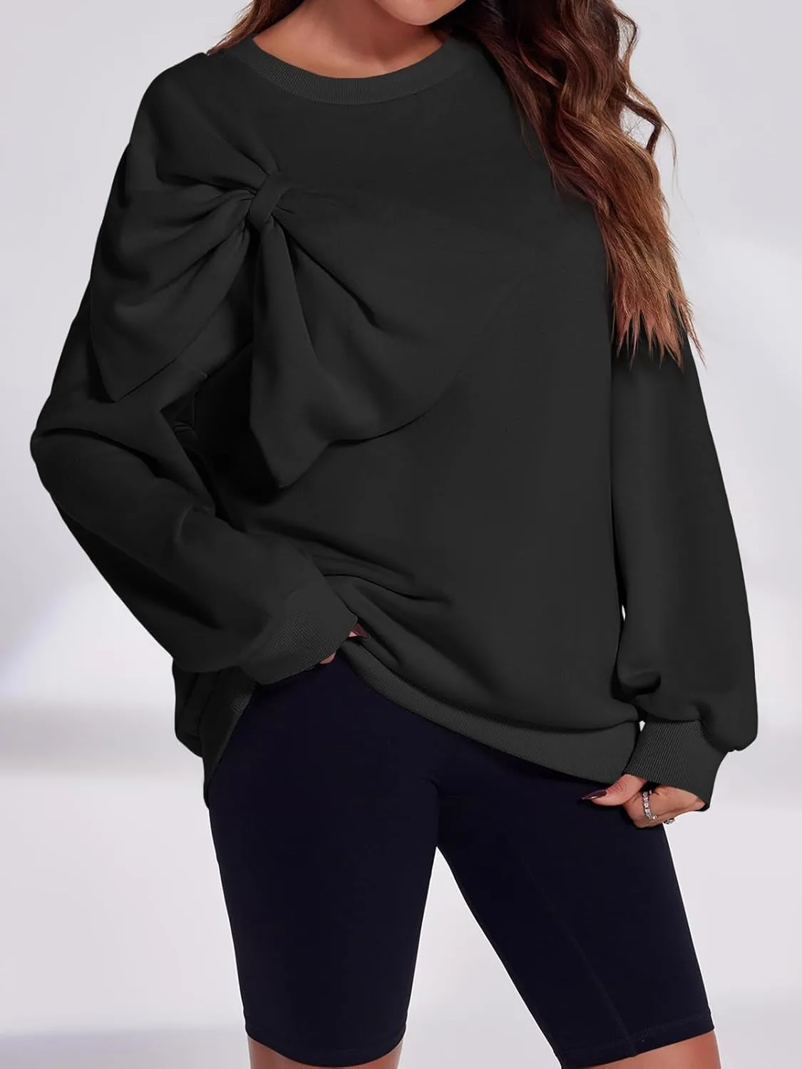 Fisoew Womens Oversized Sweatshirt Bow Tie Long Sleeve Crewneck Casual Fall Pullover Tops