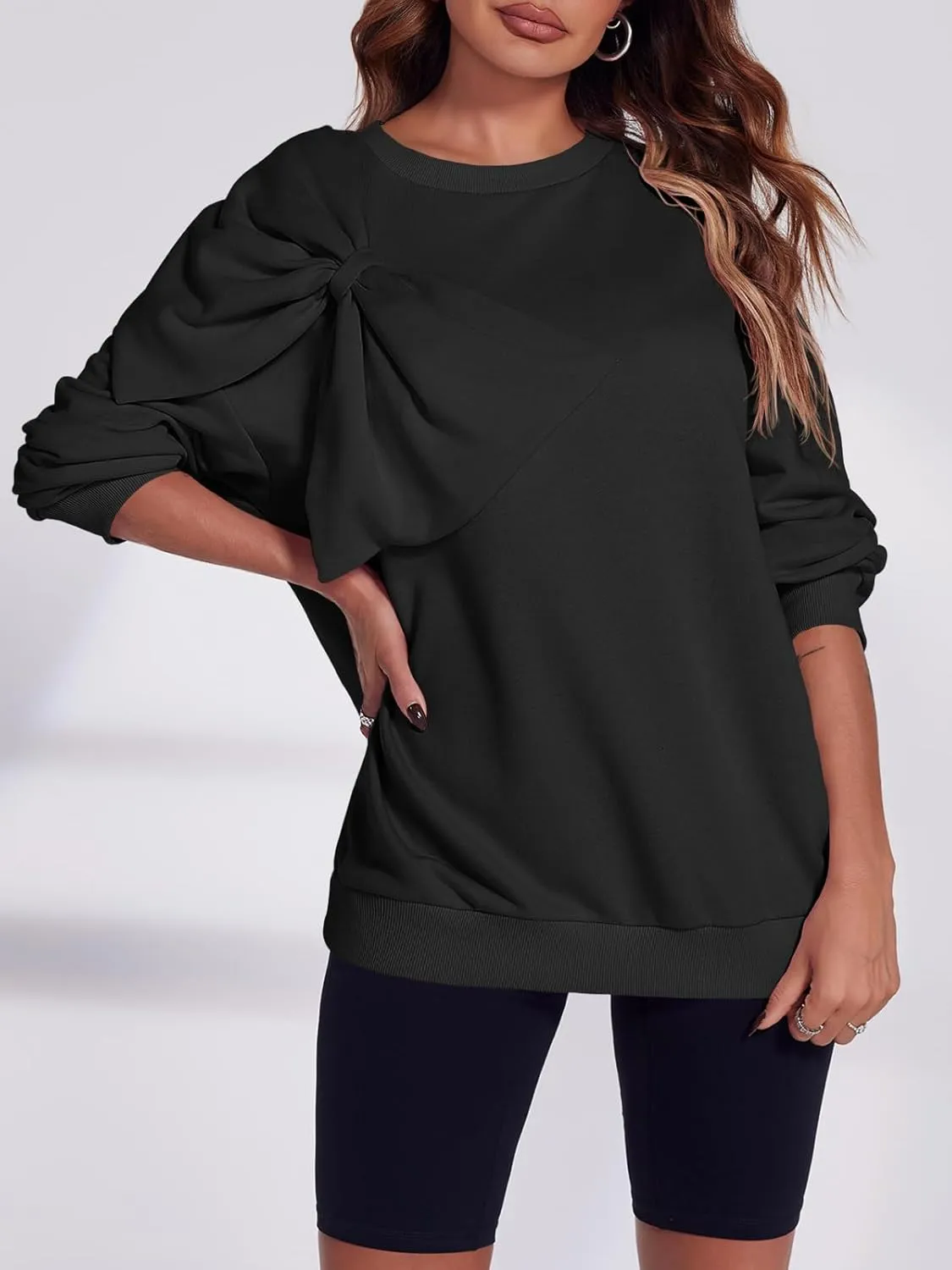 Fisoew Womens Oversized Sweatshirt Bow Tie Long Sleeve Crewneck Casual Fall Pullover Tops