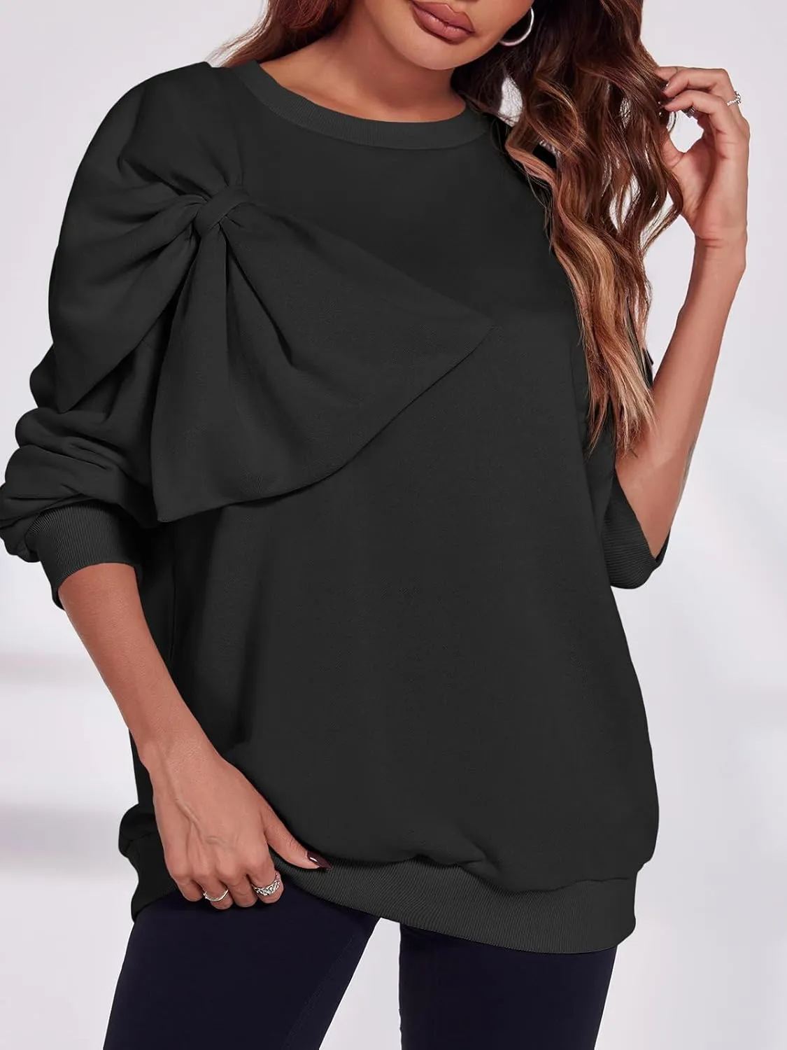 Fisoew Womens Oversized Sweatshirt Bow Tie Long Sleeve Crewneck Casual Fall Pullover Tops